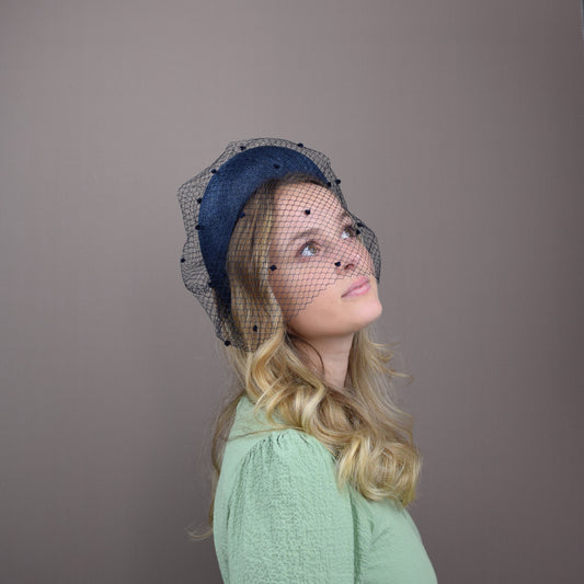 Navy Straw Wedding Guest Headband with Chenille Dotted Birdcage Veil