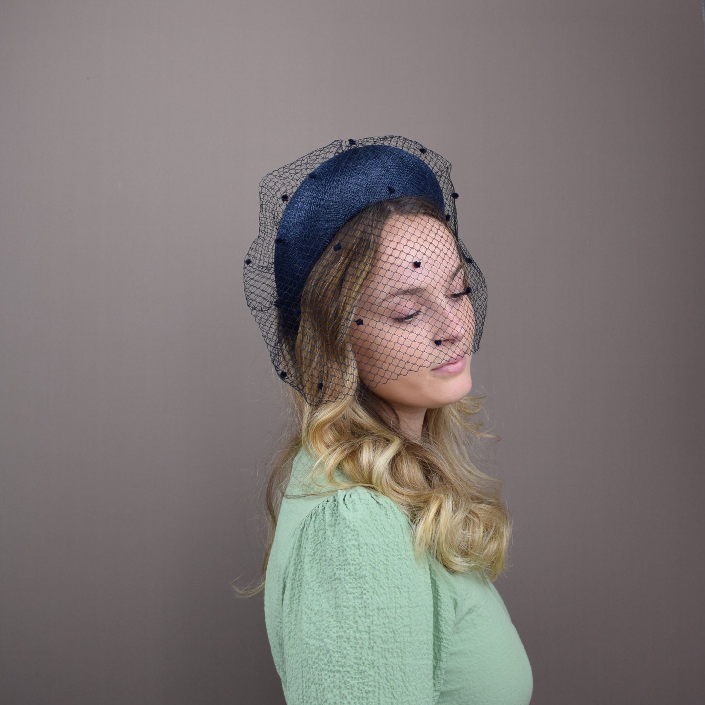 Navy Straw Wedding Guest Headband with Chenille Dotted Birdcage Veil