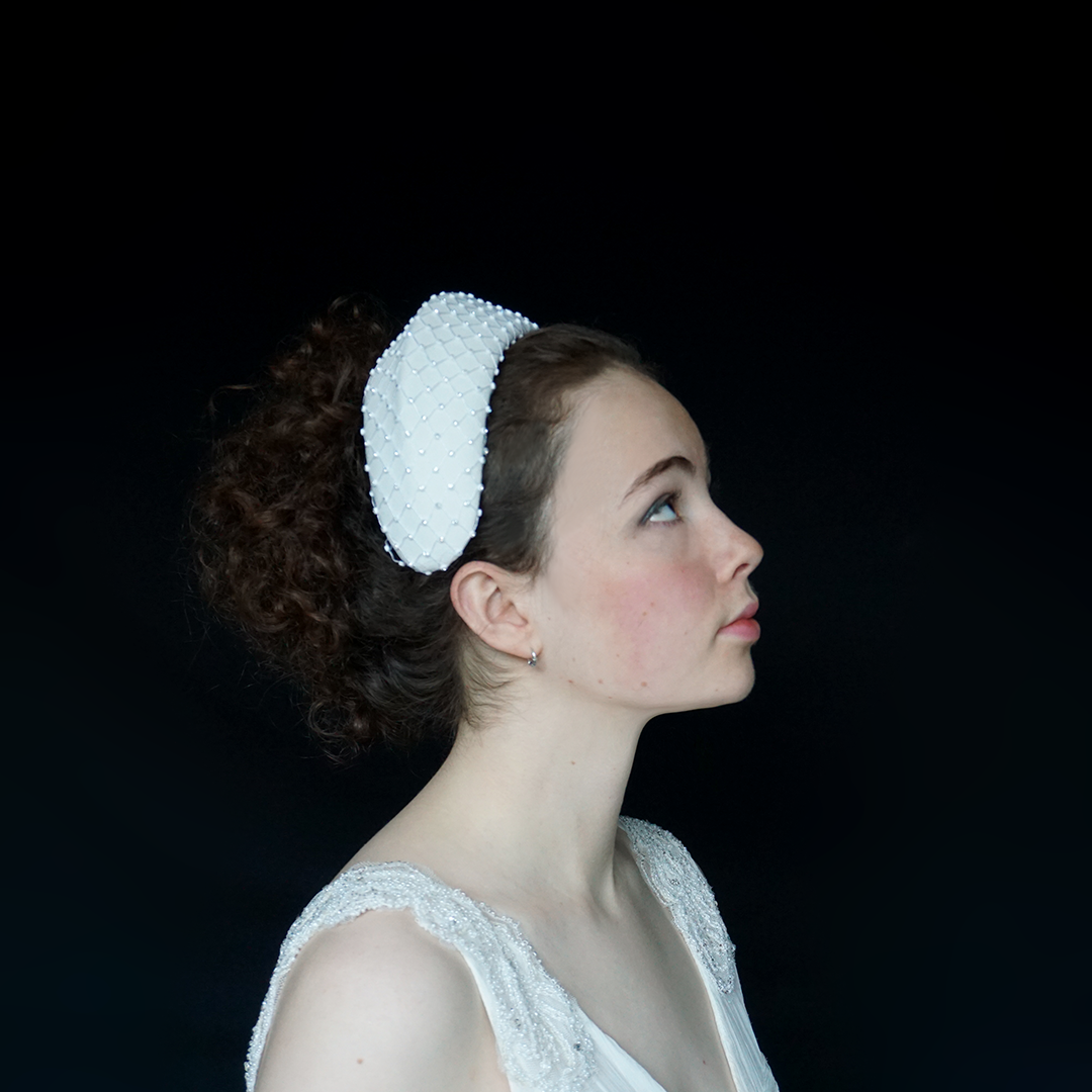 Milk White Ridged Headband Crepe Covered with Diamonte overlay