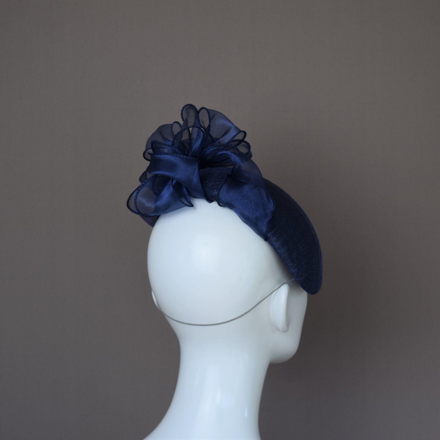 Navy Straw Wedding Guest Hat with organza detail