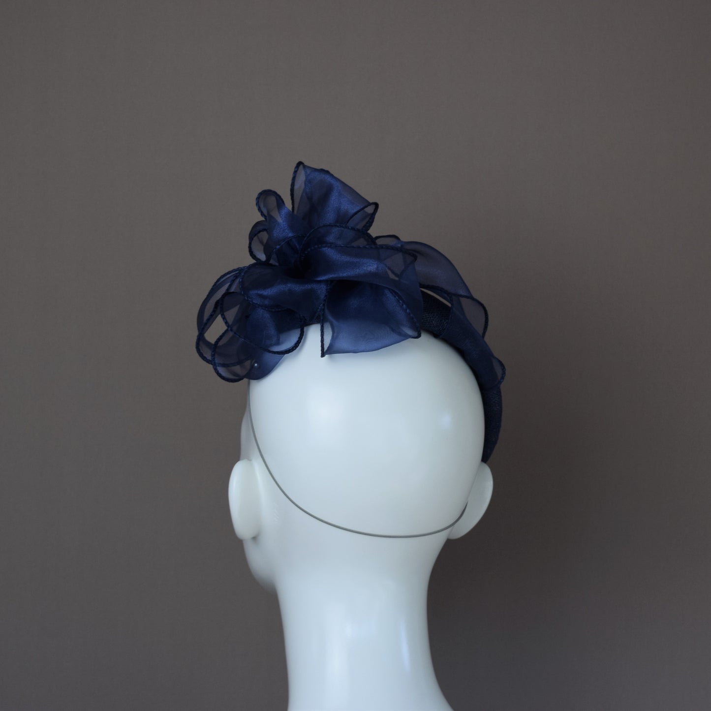 Navy Straw Wedding Guest Hat with organza detail