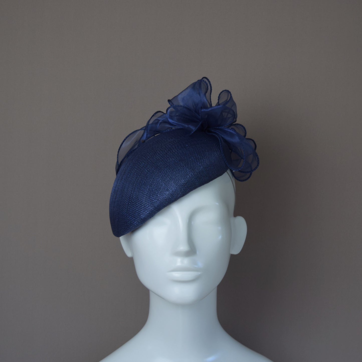 Navy Straw Wedding Guest Hat with organza detail