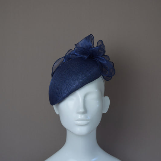 Navy Straw Wedding Guest Hat with organza detail