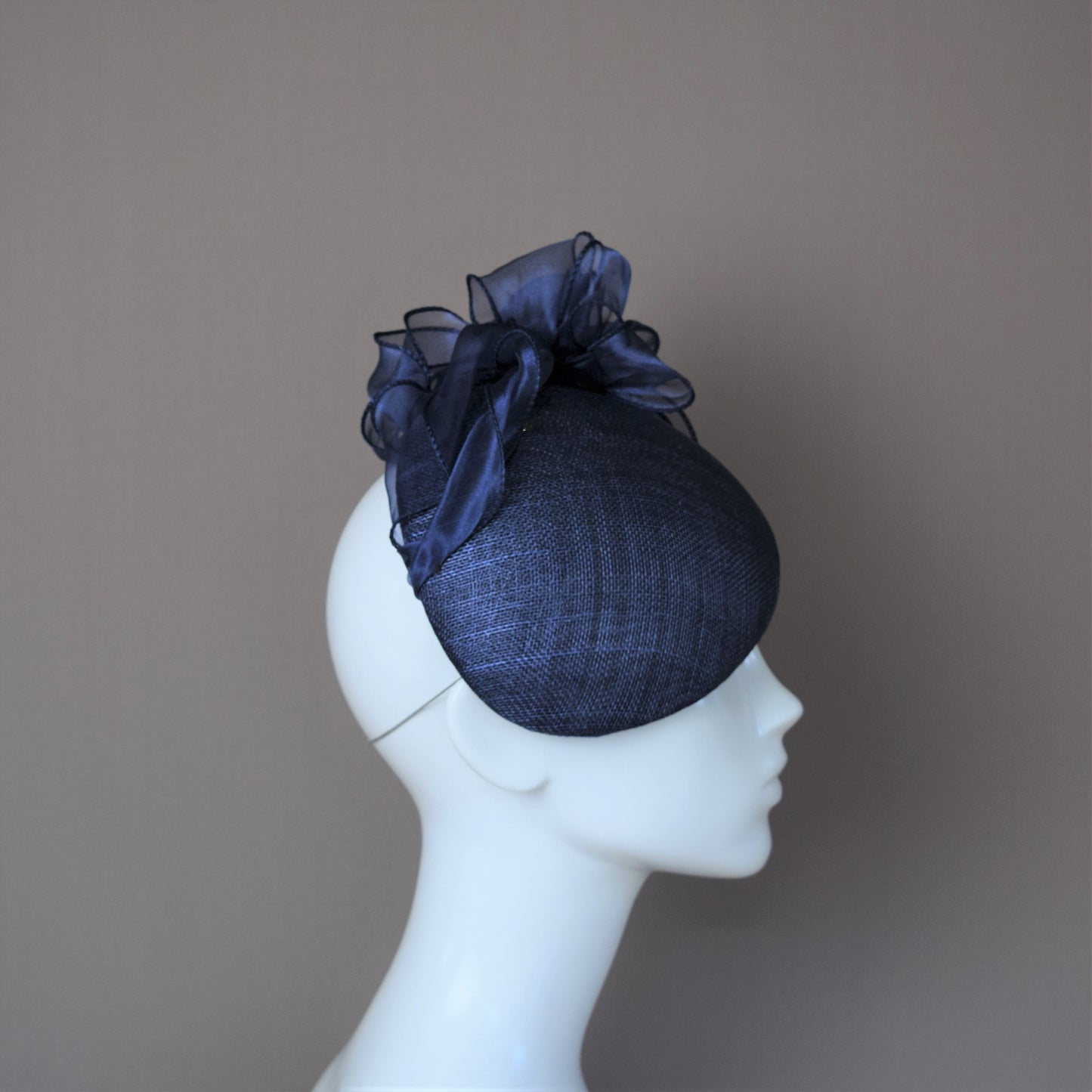 Navy Straw Wedding Guest Hat with organza detail