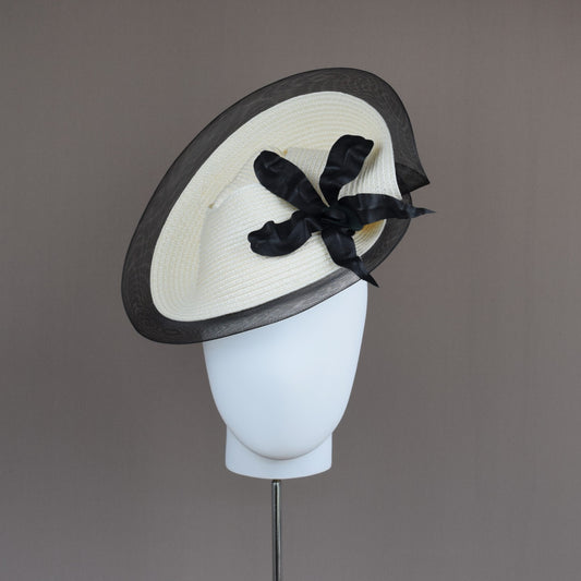 Cream and Black Straw Sculptural Headpiece.