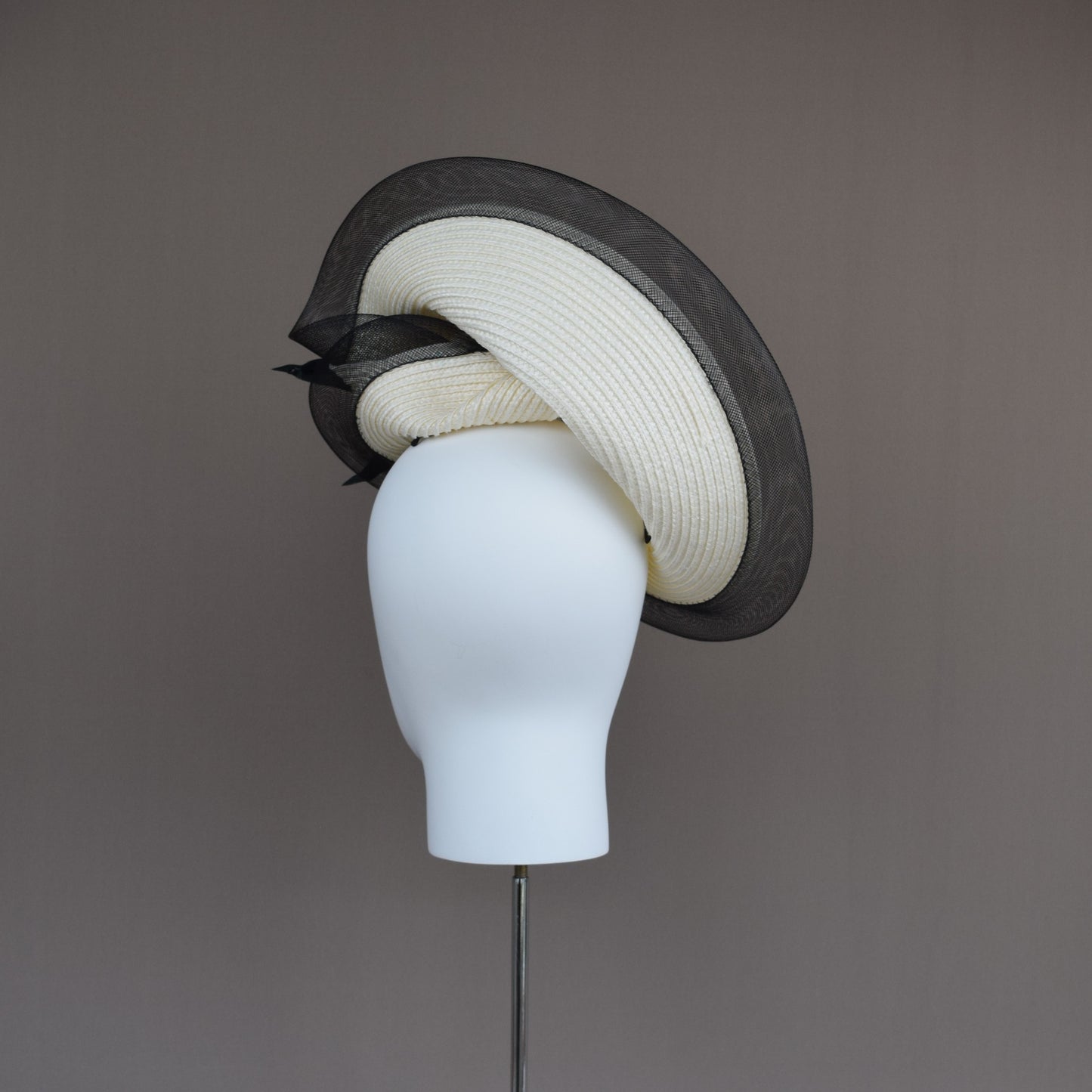 Cream and Black Straw Sculptural Headpiece.