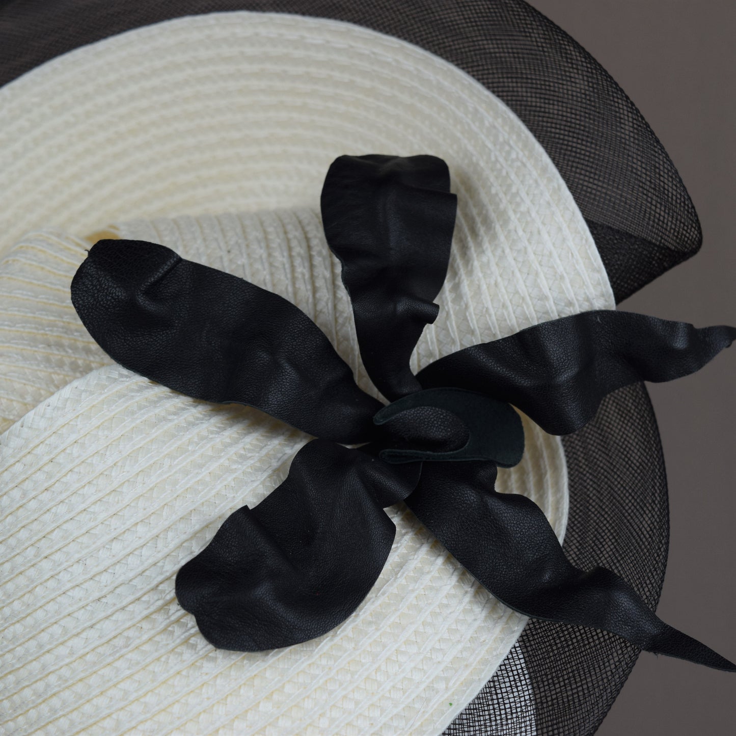 Cream and Black Straw Sculptural Headpiece.