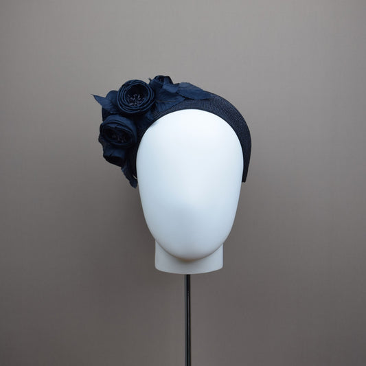 Navy Straw Wedding Guest Headband with floral detail