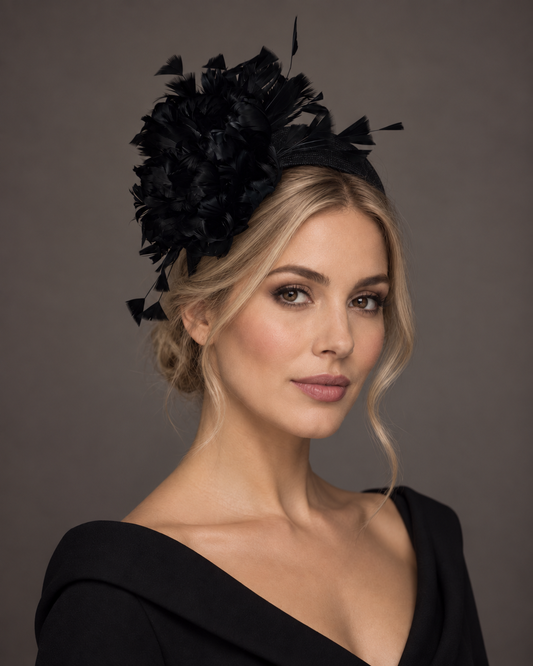 Black Straw Wedding Guest Headband with feather floral detail